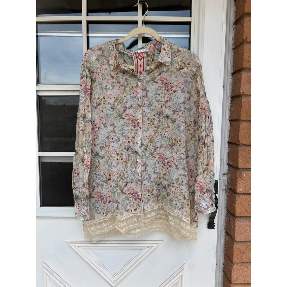 3J‎ Workshop Johnny Was Floral Cotton Silk Lace Trim Button Down Shirt Large